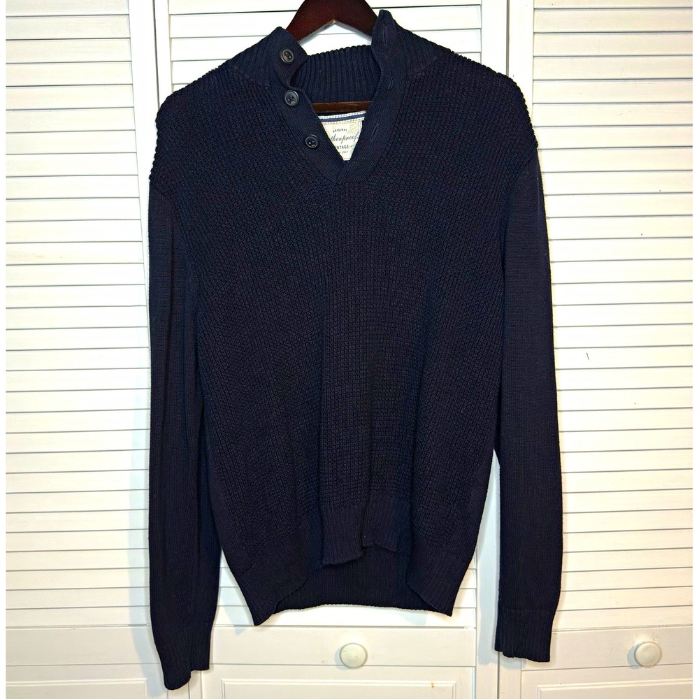 Weatherproof Vintage Men’s M Navy Blue Cotton Holiday Sweater Button Collar